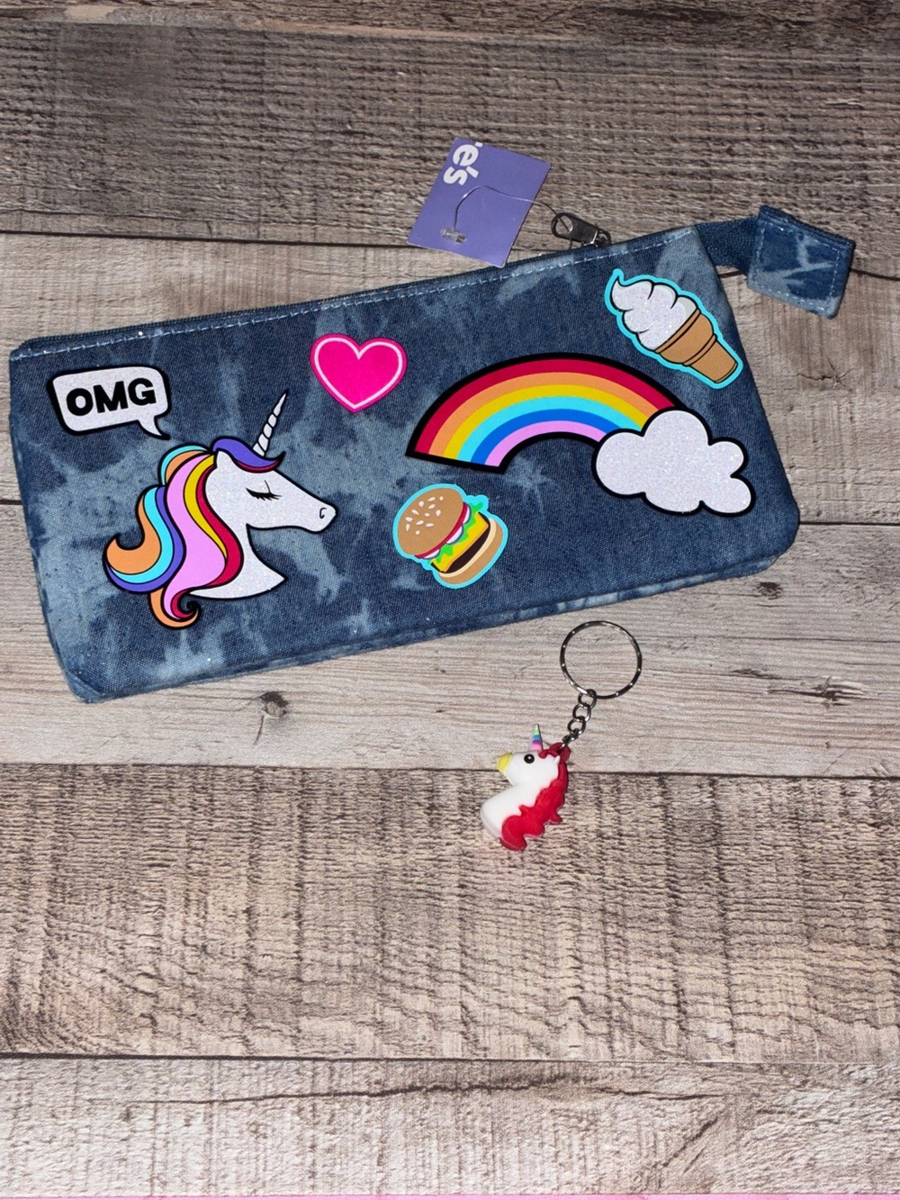 Two Pocket Denim Blue Tie Dye Quilted Cotton Zippered Pouch w/Unicorn Keychain